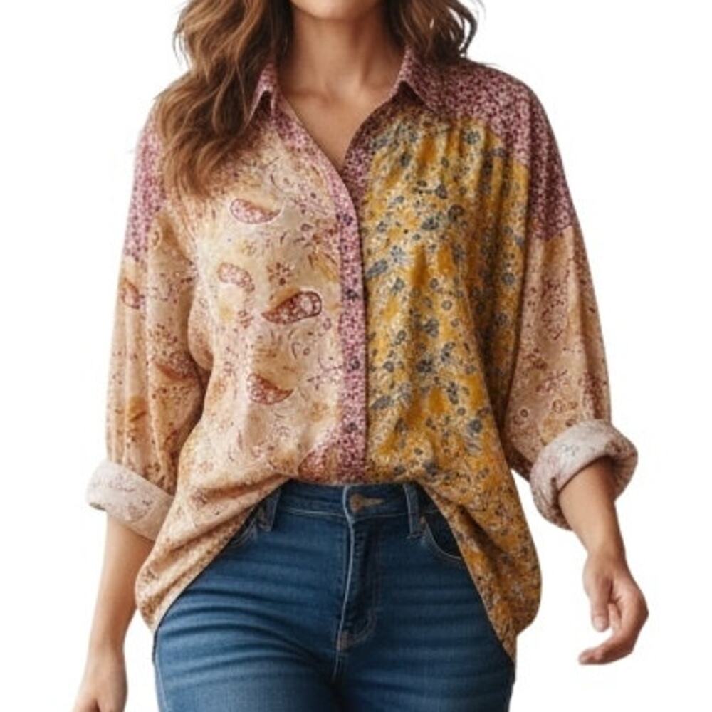 Davi & Dani Waiting For Sunshine Top Womens Large Mixed Print Patchwork Boho